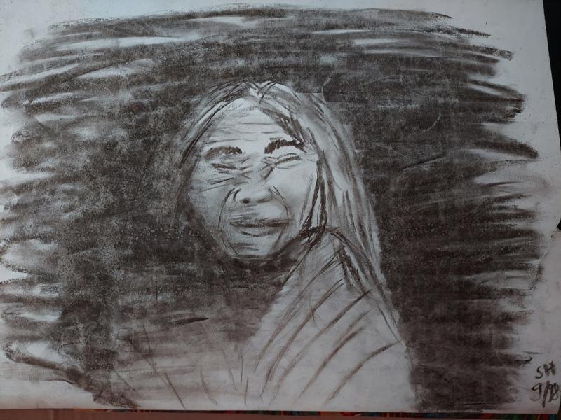 Mädchen mit verkniffenem Gesicht, Augen geschlossen, Kohle zeichnung, schwarzer Hintergrund