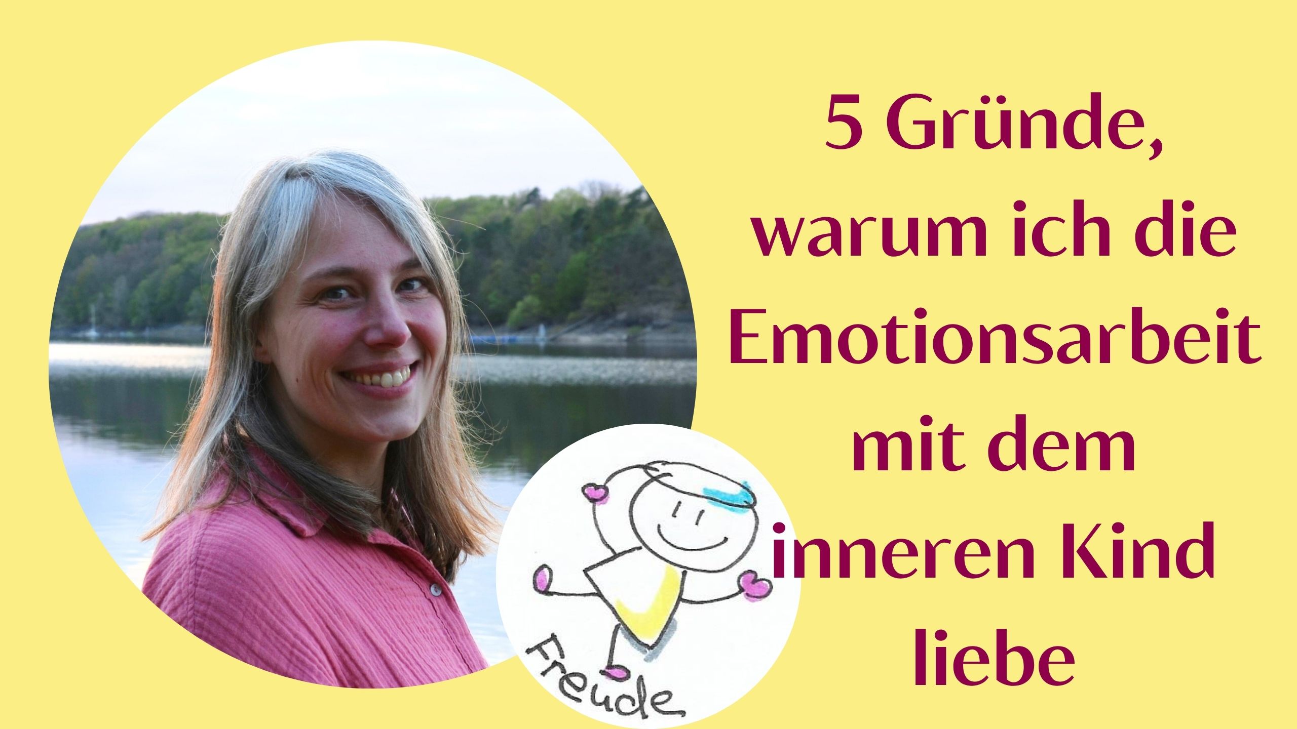 sara am see mit Zeichnung von einem tanzenden kind mit dem titel freude