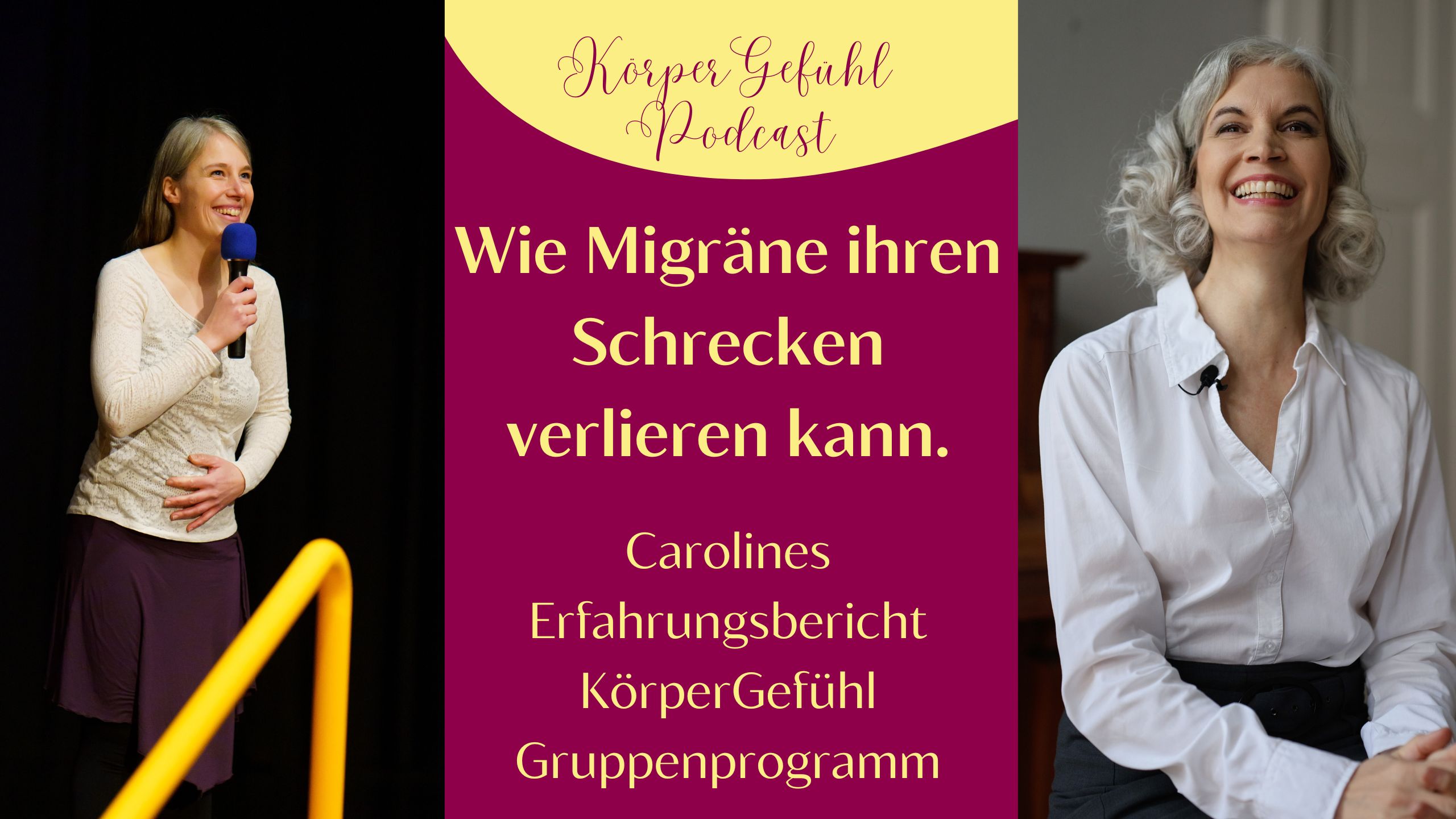 Bild von Sara mit Mikrofon, Caroline lacht in die kamera Titel des Artikel und der gleichnamigen Podcastfolge