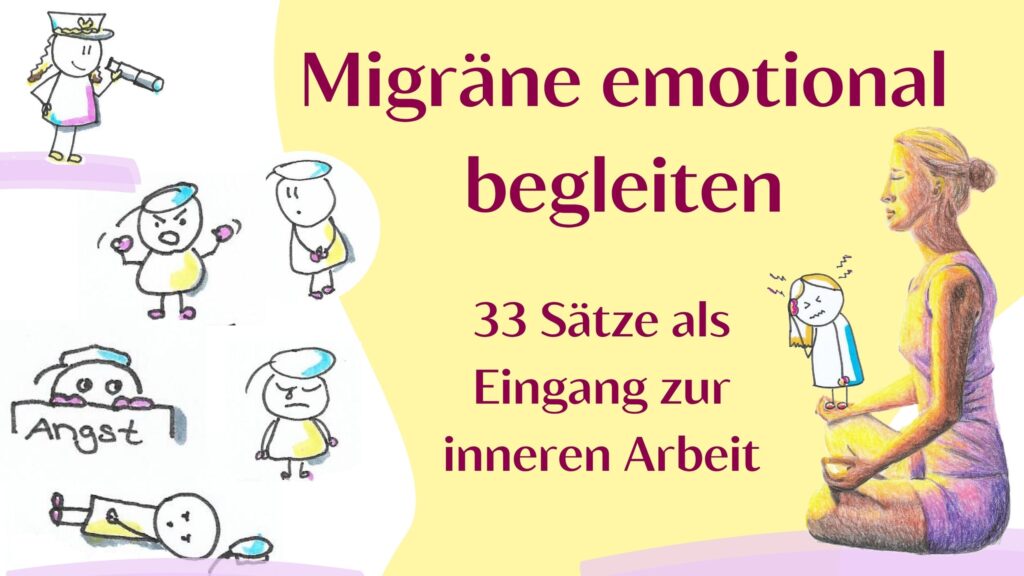 Sketchnotes von Gefühlen wie Angst, Wut, Traurigkeit, Scham, Ohnmacht-gegenüber eine Person im Schneidersitz, die Sketchnote Migräne auf der Hand stehend.