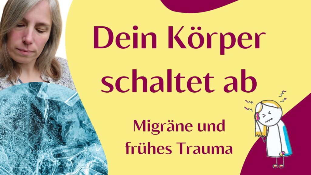 Sara schaut nach unten auf ein Foto von einer gefrorenen Eisfläche, Migräne Sketchnote auf der anderen Seite :Figur hält sich den Kopf vor Schmerzen