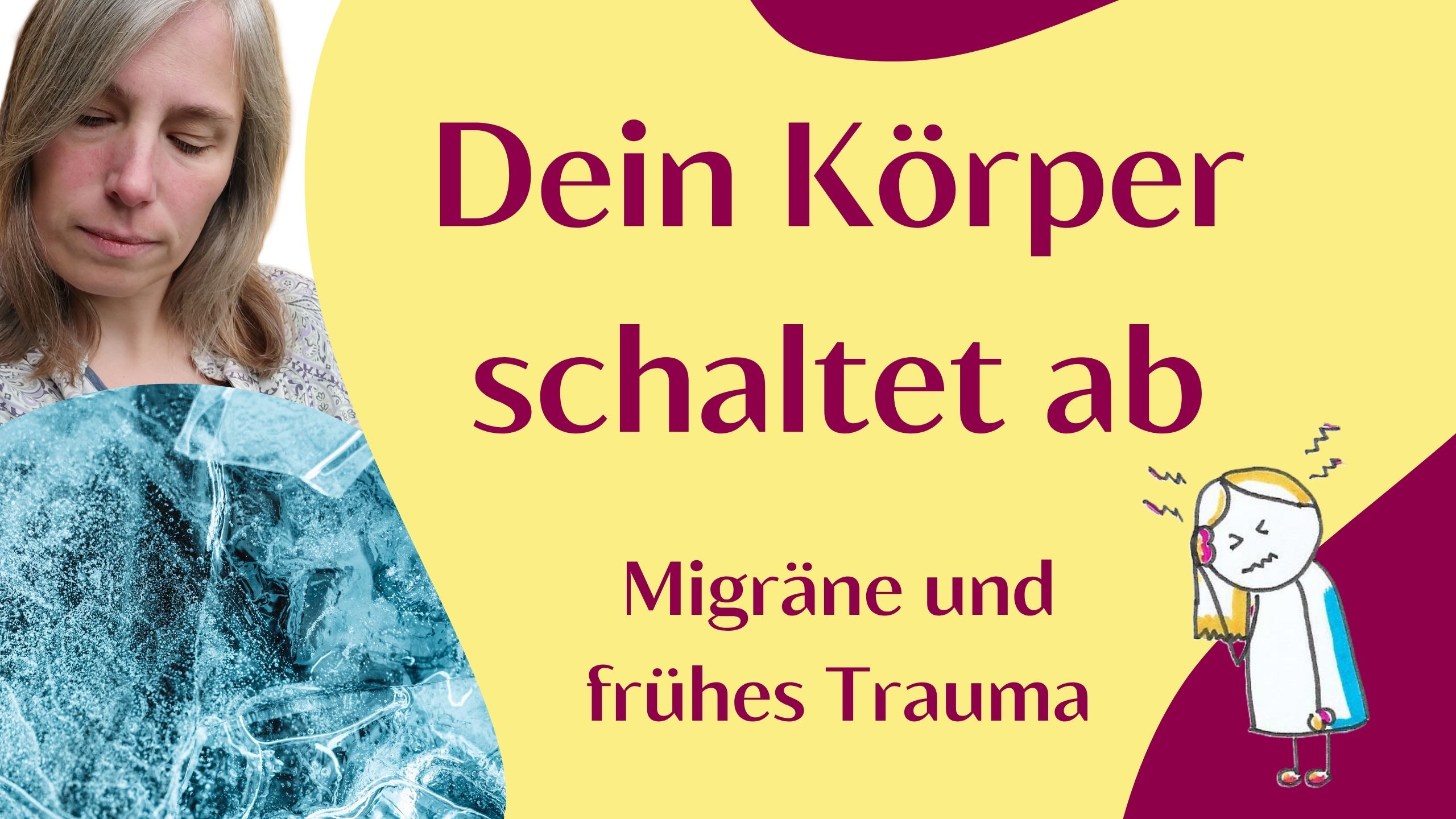 Sara schaut nach unten auf ein Foto von einer gefrorenen Eisfläche, Migräne Sketchnote auf der anderen Seite :Figur hält sich den Kopf vor Schmerzen